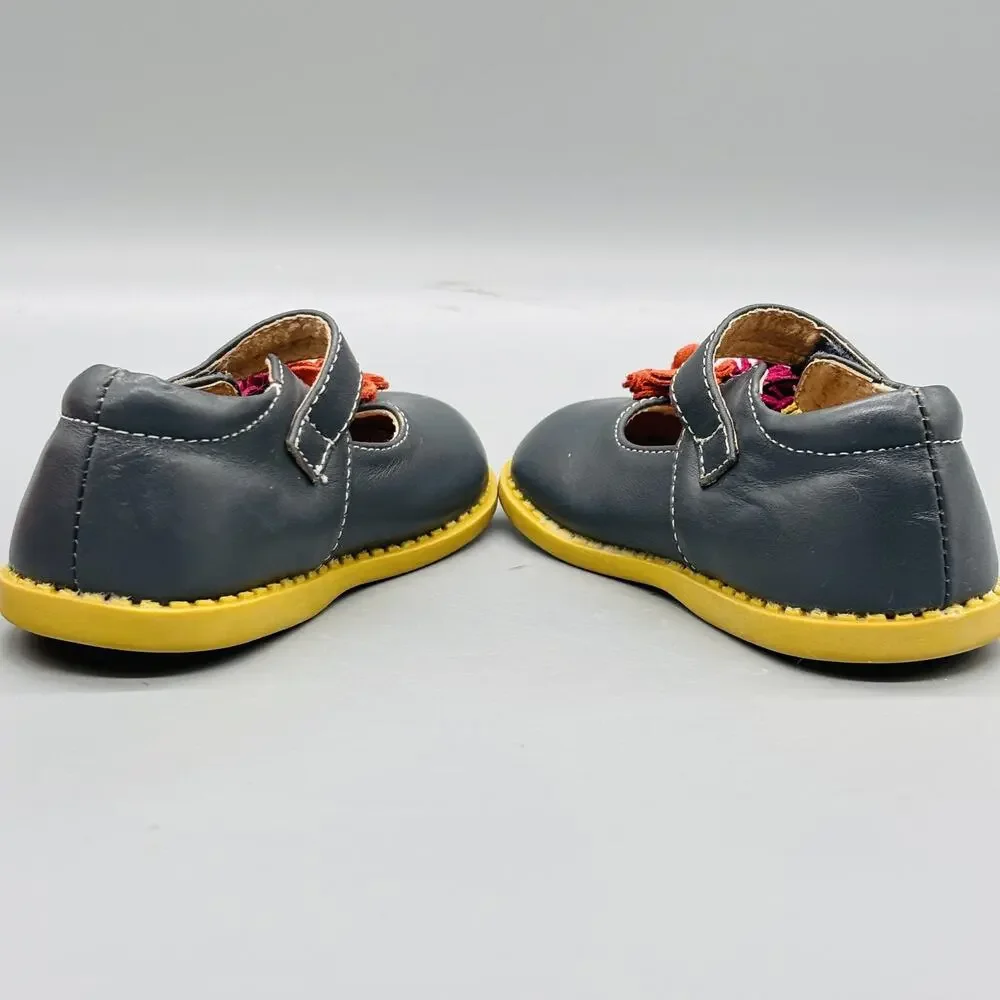 Livie & Luca Shoes Girls 4 Gray Leather Mary Jane Floral Hook & Loop Flats Dress